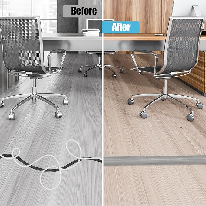 Floor Cord Cover Cavity 0.8"x0.37" Self Adhesive Cord Hider, 3.3FT Low Profile Cable Management, Extension Strip Protector for Wires, Prevent Cable Trips for Offices, Gyms, Exhibitions (Gray Wood