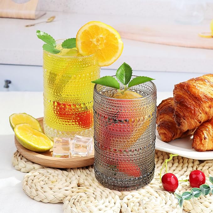 Hobnail-Drinking Glasses 13oz Vintage Glassware Sets Cocktail Juice Glasses Set of 6, Grey