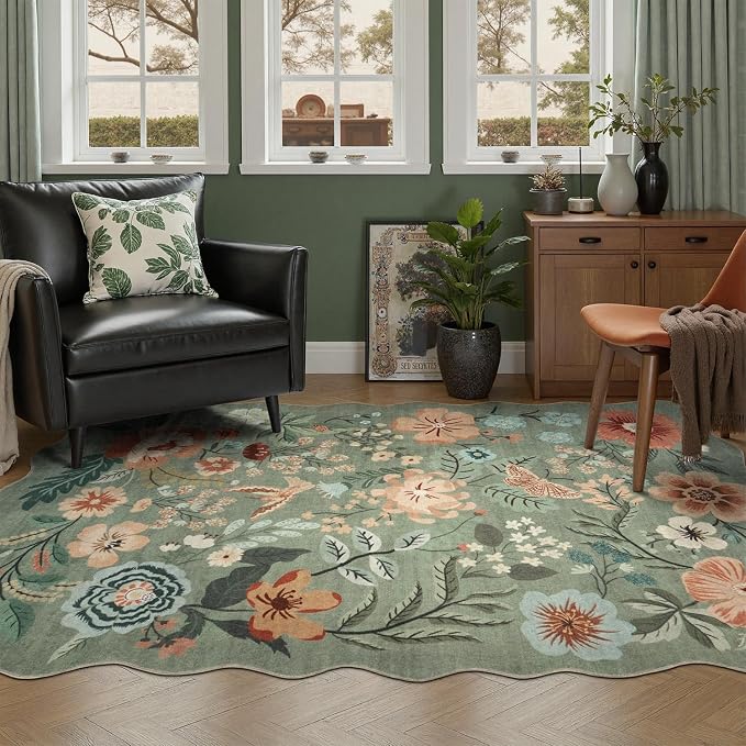 DCX Vintage Floral Rug 4x6, Washable Sage Green Rug for Living Room, Kid & Pet Friendly with Rubber Back Non Slip, Soft Low Pile Carpet, Stain Resistant Rug for Bedroom, Nursery, Dining Room