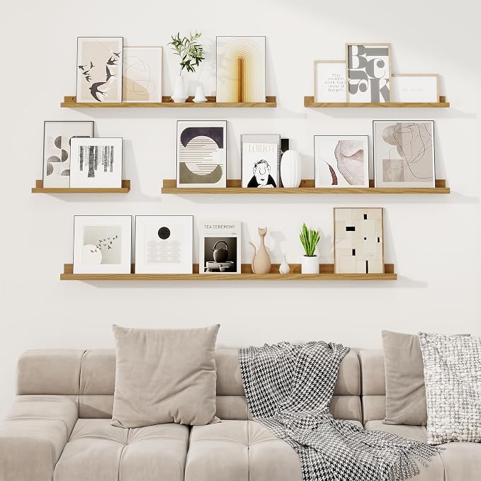 RICHFOCUS Picture Ledge Shelf, 48 inch Floating Shelves Set of 2, Wood Wall Shelves with Lip, Wall Decor Storage for Bedroom Living Room Bathroom Kitchen Nursery Photo Picture, Oak