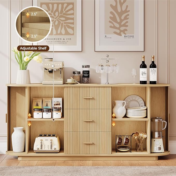 ONBRILL 63" Fluted Sideboard Buffet Cabinet with 3 Drawers & 2 Doors, Mid-Century Modern Buffet Sideboard Cabinet with Storage, Coffee Bar Table with Adjustable Shelf for Kitchen, Living Room, Oak