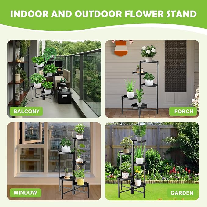 5 Tier Heavy Duty Metal Plant Stand for Indoor & Outdoor Use, Foldable Tall Corner Plant Shelf, Black Flower Pot Holder & Display Rack for Living Room, Balcony, Garden, & Patio