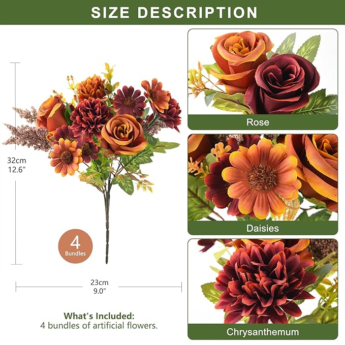 Homsunny Artificial Fake Fall Flowers Centerpieces for Table Decoration, 4 Pcs Faux Silk Flower Arrangements with Mums Chrysanthemum Rose Daisy Floral Bouquets for Home Wedding Party Autumn Decor