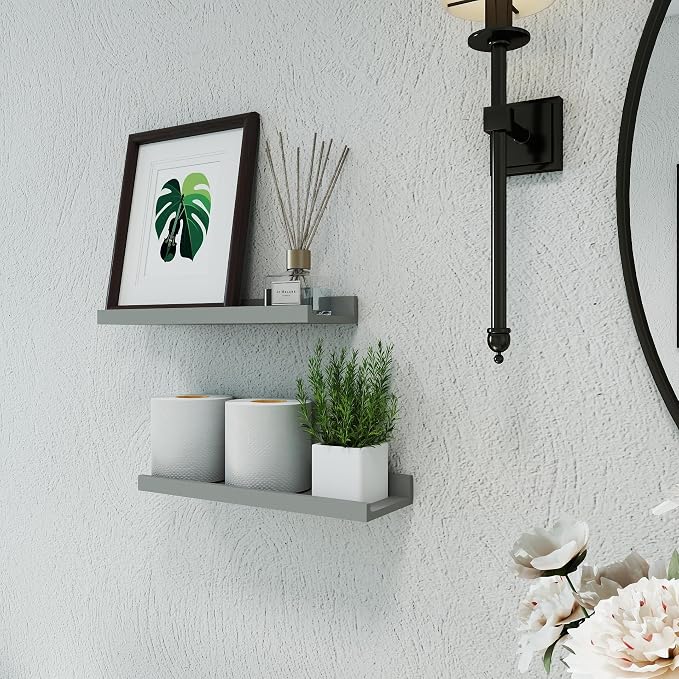 Floating Shelves for Wall Decor, Wall Mounted Wood Storage Shelf for Bedroom, Living Room, Bathroom, Kitchen, Nursery, Display Picture Ledge Shelf with Lip Set of 2-14 Inches, Grey