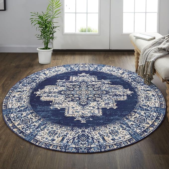 vivorug Round Rug 5ft Vintage Round Area Rug Non-Slip Indoor Carpet for Living Room Bedroom Entryway, Stain Resistant Home Decor Circle Rug, Navy Blue