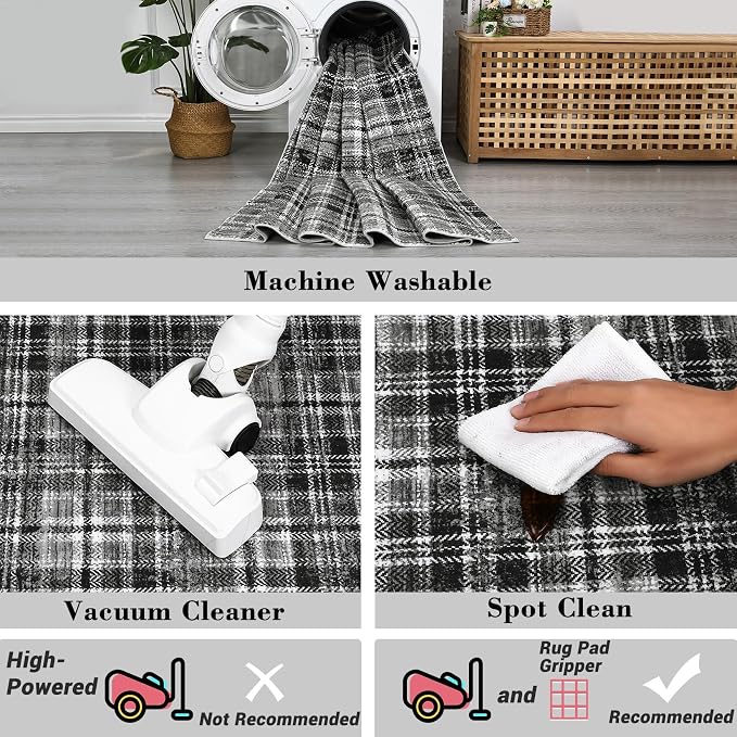 Tartan Plaid Washable Rug, Soft Round Rugs 5ft Circle Carpets for Bedroom Modern Ultra-Thin, Circular Carpet for Living Room Nursery Dorm Bedside, Black