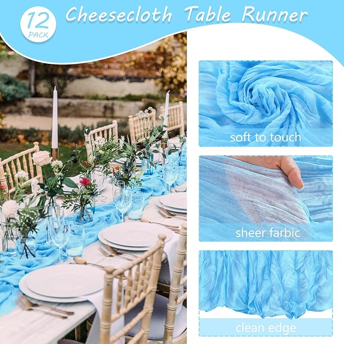 12 Pack Cheesecloth Table Runner 35x72 Inch Boho Gauze Rustic Cheese Cloth Romantic Long Table Runner for Wedding Bridal Shower Birthday Party Table Decor (Baby Blue)