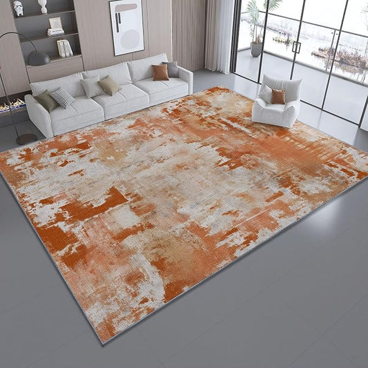 3x4 Washable Area Rug, Orange Color Retro Distressed Textured Design Non Slip Non-Shedding Rug Easy Care for Living Room Bedroom Kitchen Office Carpet