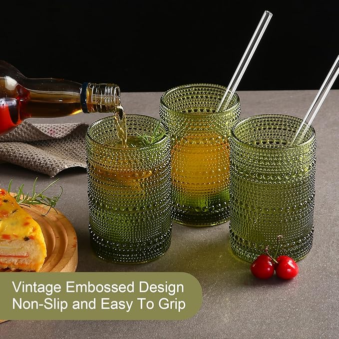 ZMOWIPDL Vintage Glassware Drinking Glasses Set of 6,15 oz Hobnail Glass Cups,Embossed Green Water Tumbler,for Beer,Cocktail,Whiskey,Juice and Various Mixed Drinks- 1 Cleaning Brush