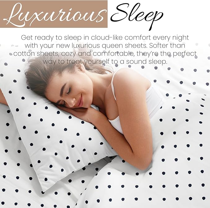 Linen Market 4 Piece Queen Sheet Set - Breathable, Double-Brushed Patterned Cooling Sheets – Oeko-TEX Certified Ultra Soft & Wrinkle-Free 16" Deep-Pocket Queen Sheets - Easy Care Dots Navy