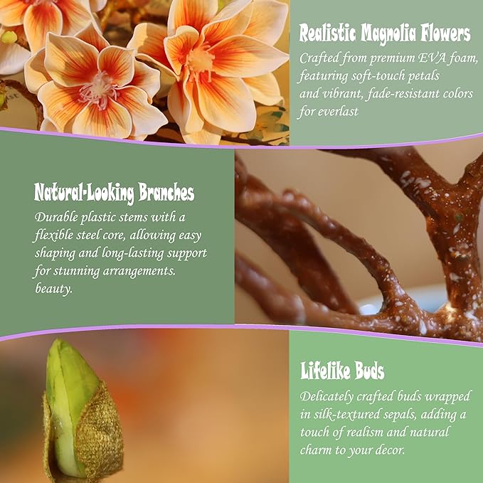 3pcs Artificial Magnolia Flower Branches, 31 Inch Long Stem Faux Floral, Premium Faux Bloom for Home Decor, Centerpieces, and Wedding Arrangements, Champagne
