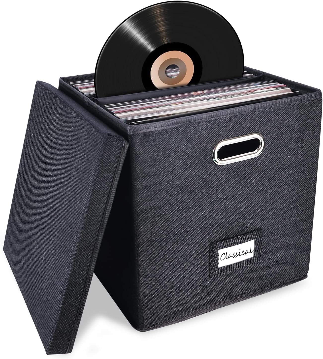 Skiennix Vinyl Record Storage Box - Holds 50+ LPs, Decorative Organizer with Lid | Black