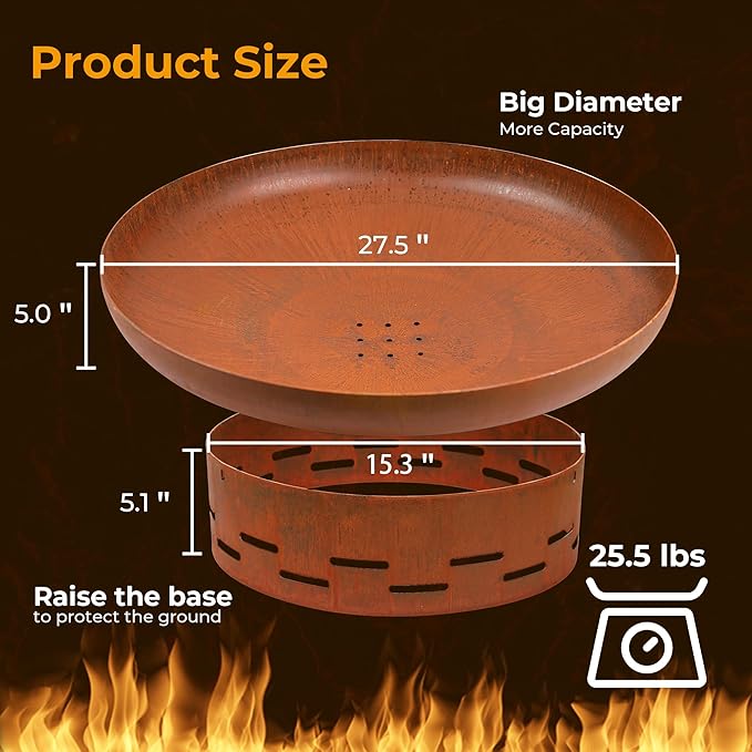 KOL Fire Pit for Outside Wood Burning, 27.5 Inch Round Firepit Bowl Outdoor and Patio, Heavy-Duty Steel Bonfire Pit Oxidized Finish, Free-Standing, Camping Backyard Terrace
