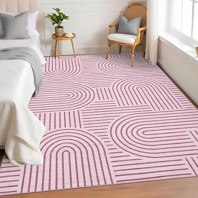 Washable Rugs 5x7 Abstract Lines Print Area Rug Non Slip Cute Girl Room Rug Low Pile Boho Rainbow Carpet Ultra-Thin Soft Bedroom Rug Non Shed Thin Modern Carpet for Dorm Apart Dining Room, Pink