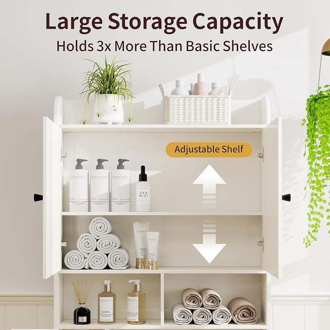 Vipbear Over The Toilet Storage Cabinet, 32.3” W Farmhouse Bathroom Storage Cabinet Above Toilet with Toilet Paper Holder and Barn Doors, Freestanding Restroom Organizer Space Saving Rack, White