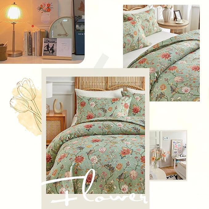 Vintage Floral Comforter Set King Farmhouse Boho Bedding Comforter Botanical Flowers Vines Pattern on Green Floral Bedding Comforter Fluffy Aesthetic King Comforter with 2 Pillowcases for All Seasons
