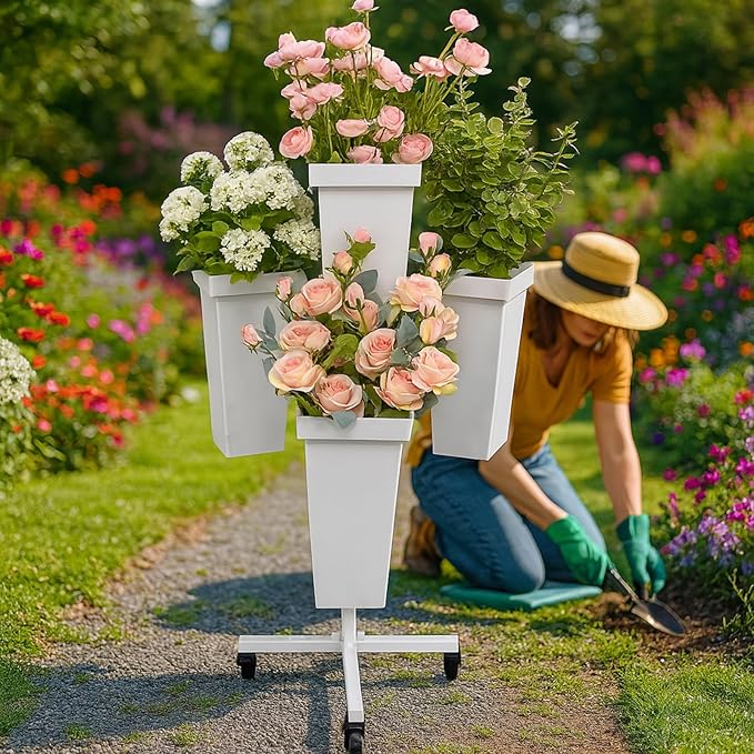 Flower Display Stand with Buckets - Flower Cart with Wheels for Bouquet Shop, Metal Flower Rack Display Stand for Wedding Garden, Party, Events (White, Square buckets)