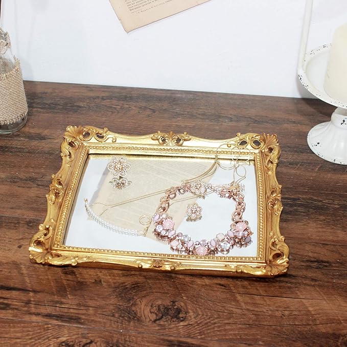Funerom Vintage 11 x 9.5 inch Decorative Mirror, Wall Mounted & Tabletop Makeup Mirror ，Square Antique Gold