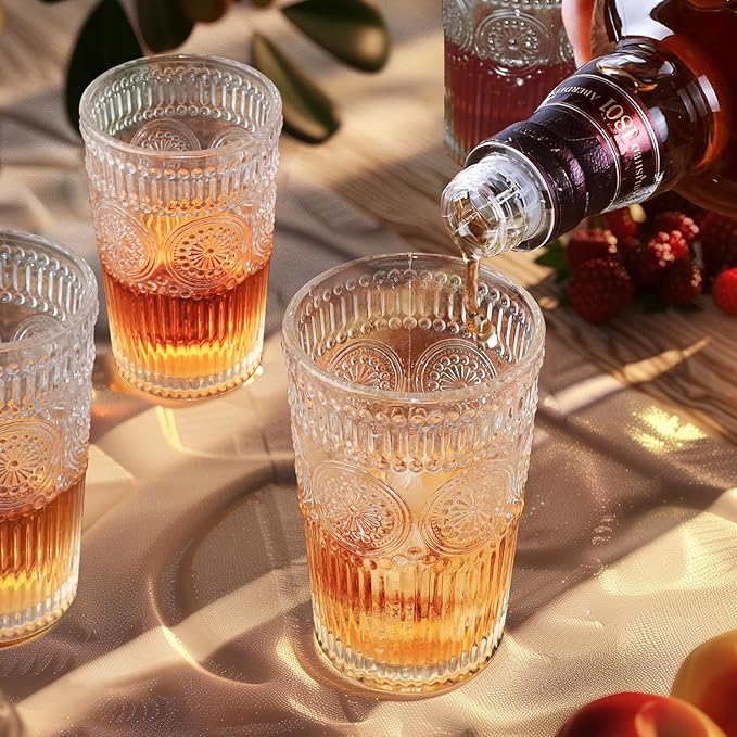 Loivttvv 6pcs Vintage Drinking Glasses Set, 12 oz Clear Highball Glasses, Embossed Ribbed Glassware Cups for Cocktail, Water, Juice, Coffee, Whiskey