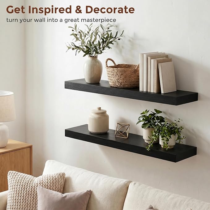 fuqing Black Floating Shelves | 24 Inch Wood Floating Shelves for Wall Set of 2 | 24" W x 6.7" D x 1.4" H Rustic Black Wooden Shelves for Bathroom Living Room Bedroom Kitchen