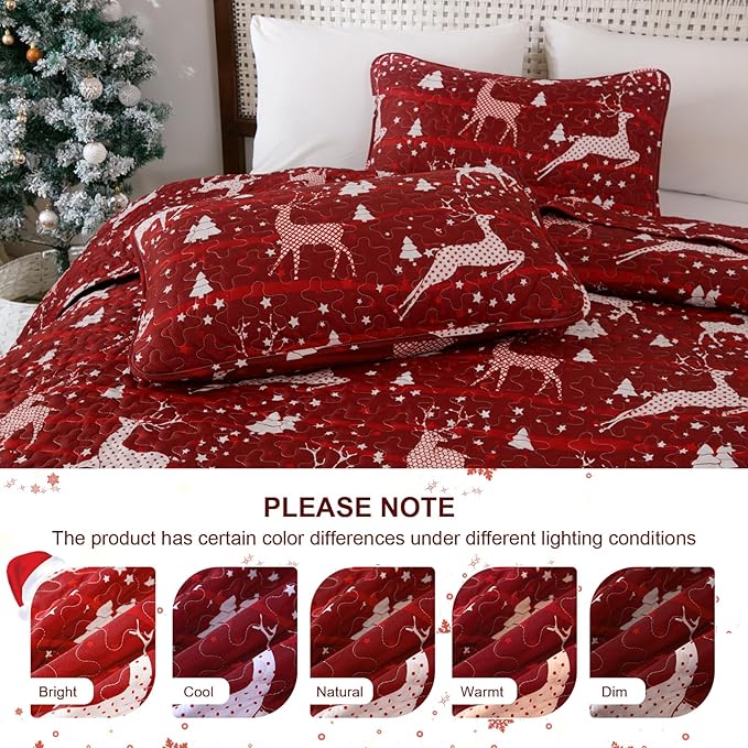 Dinjoy Christmas Quilt King Size with 2 Pillow Shams, Lightweight Bedspread Holiday Red Soft Coverlet Reindeer Pattern Bedspread for All Seasons Bed Cover Home Decor