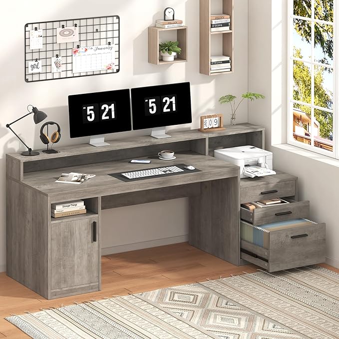 Executive Computer Desk with 3 Drawers & Storage Shelves, 65 Inch Home Office Desk with File Drawer & Cabinet, Writing Study Desks with Monitor Stand & Printer Shelf, Executive Desk, Grey