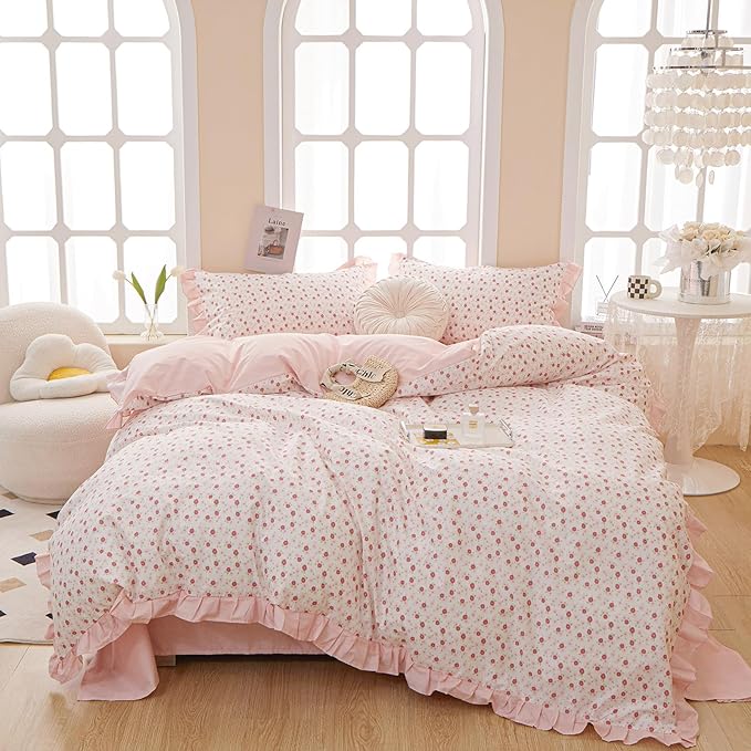 Garden Pink Floral Comforter Set Twin XL French Style Girls Flowers Comforter Fluffy Soft Chic Floral Bedding Set Vintage Botanical Ruffled Comforter with 2 Pillowcases Pink Flower Lace Comforter Set