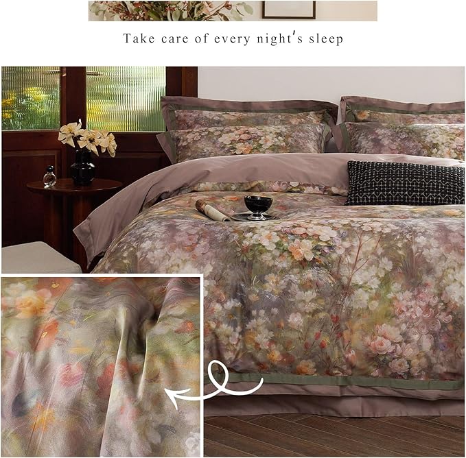 mixinni Vintage Floral Duvet Cover Set - Queen Size, 100% Long Staple Cotton Percale, Reversible Garden Style Bedding Set with Zipper Closure, 3-Piece Luxury Duvet Cover with 2 Pillow Shams (20"x26")