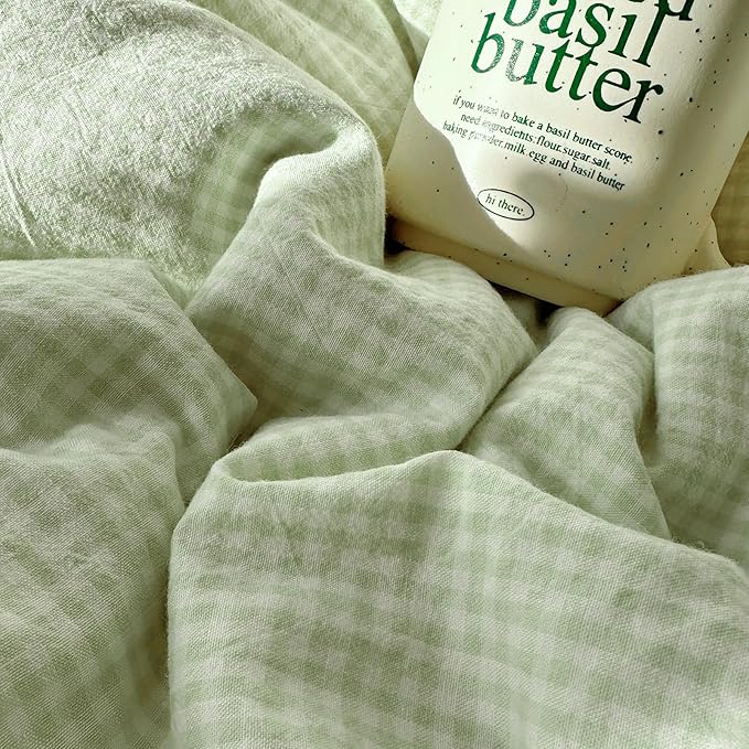 LifeTB Green Gingham Comforter Set Queen Romantic Lace Style Checkered Pattern Comforter Set Farmhouse Green Grid Plaid Bedding Comforter Lightweight Fluffy Soft Gingham Bedding Set Queen Size