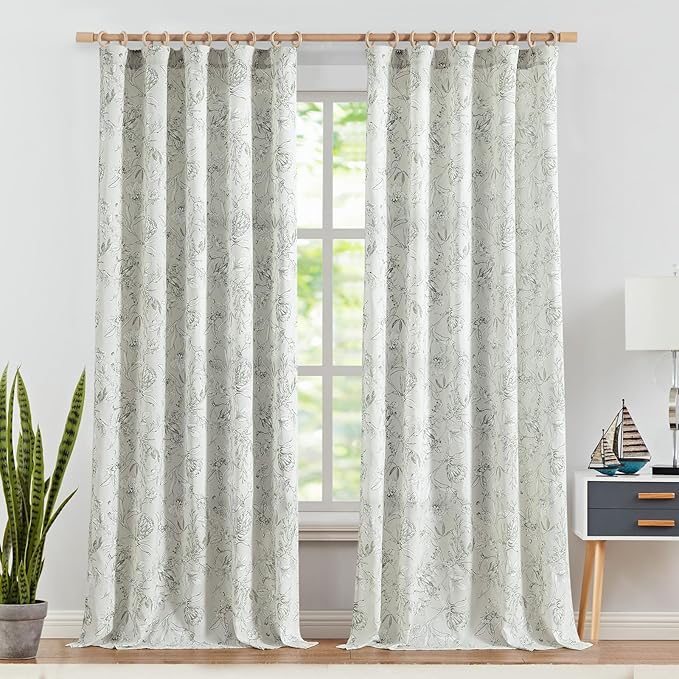 jinchan Floral Curtains 108 Inch Length Charcoal Grey Flower Linen Farmhouse Curtain for Living Room French Country Vintage Curtain Rod Pocket Curtains Set 2 Panels Gray Floral Printed