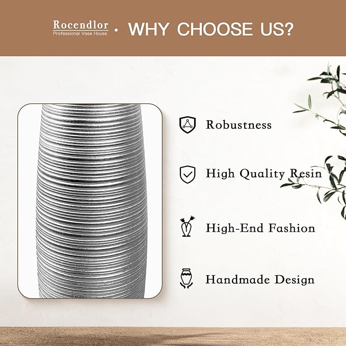 Tall Floor Vase, 27.5 inches (70cm, 2.3FT) Tall Vases Sturdy and Luxurious,Floor Vase for Country Home Decor, Living Room, Resin Silver Floor vase