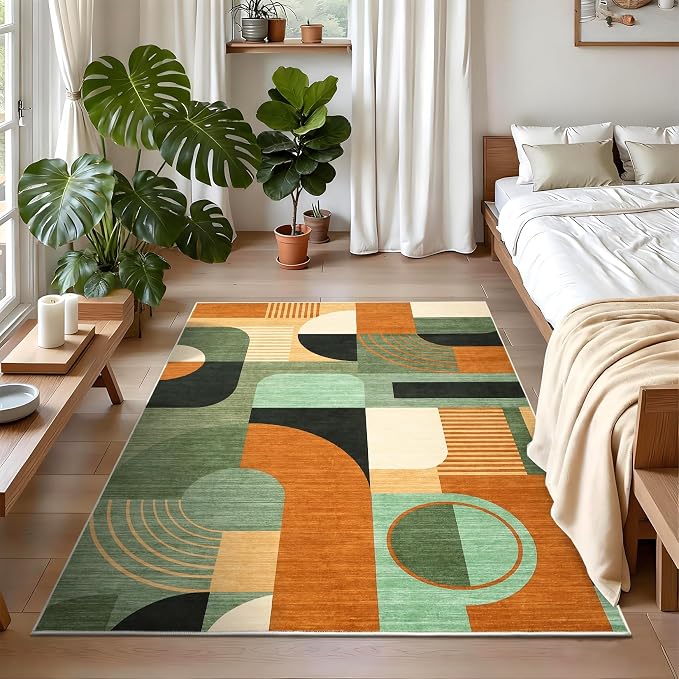 4x6 Washable Rug for Bedroom, Boho Geometric Small Area Rugs for Living Room Entryway Soft Low Pile Non-Slip Indoor Rug for Playroom Dorm, Green Multi, 4'x6'