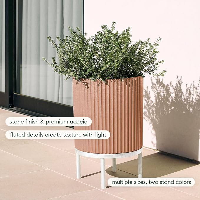 Veradek Demi Series Round Planter w/Stand for Porch/Patio | Durable Plastic-Stone Composite & Wooden Stand | Modern Décor for Tall Plants, Flowers
