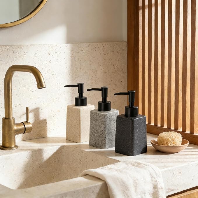 Bathroom & Kitchen Countertop Soap Dispenser, Modern Sandstone-Look Resin Bottle with ABS Pump, Durable Shatter-Resistant 8.5 oz Dispenser (Grey)