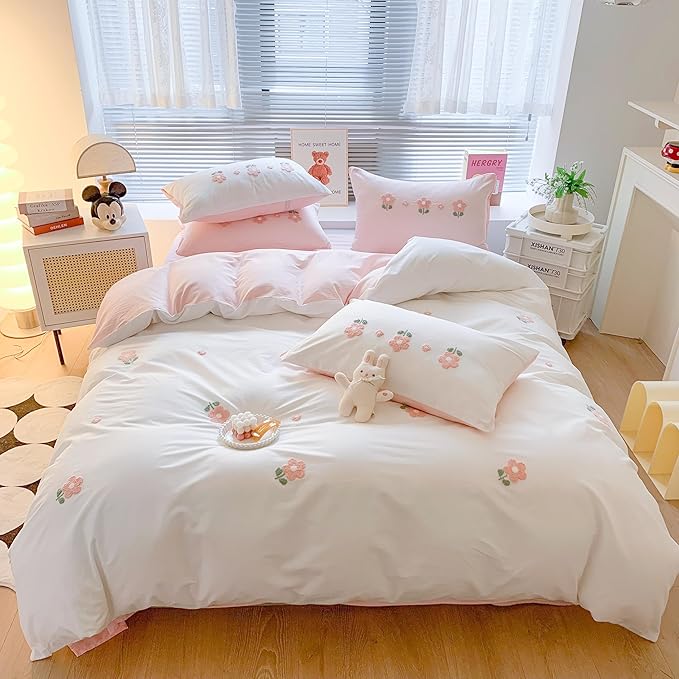 MorroMorn Twin Duvet Cover Cotton, 3D Embroidery Twin Bedding Sets, Cute Chenille Embroidered Comforter Covers Summer Blanket Soft Dry Sweat-Absorb for Girls Kids Teen (Flowers White, Twin/Twin XL)