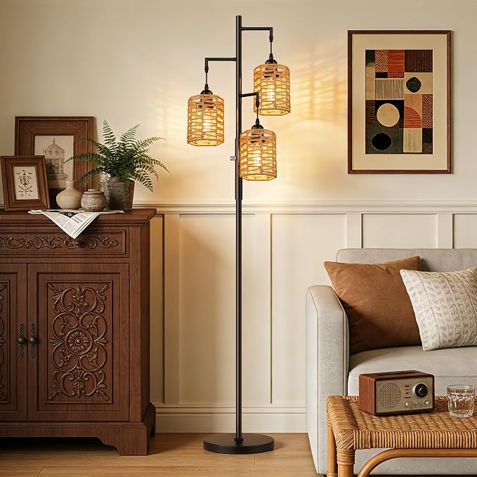 ROTTOGOON Dimmable Rattan Floor Lamp, 3 x 800LM LED Bulbs Included, Boho Tree Standing Lamps with 3 Hand-Woven Octagonal Lantern Shades, Industrial Floor Lamp for Living Room, Bedroom, Office - Black