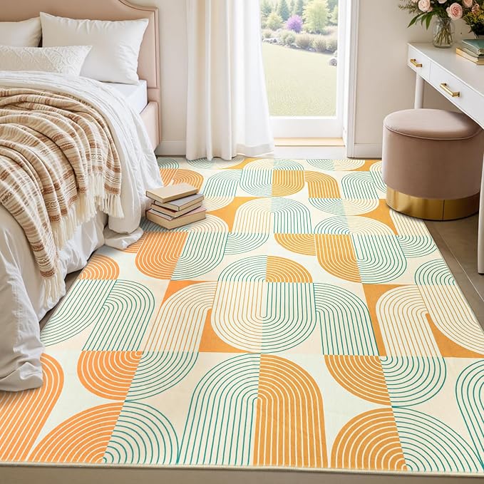 Area Rugs for Living Room 4x6, Washable Modern Abstract Rug for Bedroom, Soft Non-Slip Indoor Floor Carpet for Dining Room Nursery Office Home, Orange
