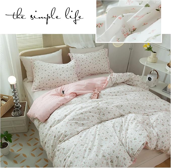 Floral Girls Duvet Cover Full Size 100% Cotton Pink Floral Duvet Cover Chic Garden Style Botanical Flower Bedding Set Lightweight Soft Aesthetic Floral Comforter Cover with 2 Pillowcases, No Comforter