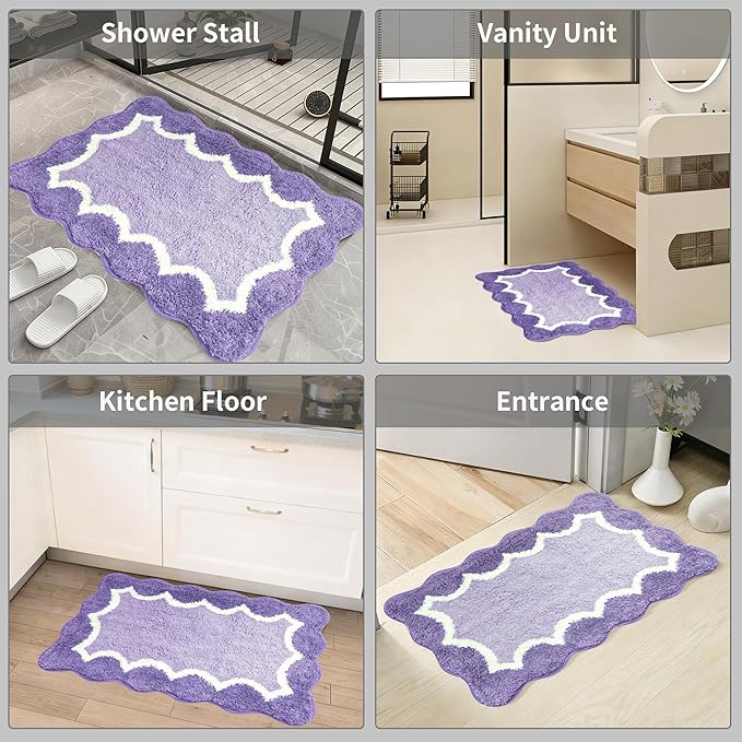 Cute Scalloped Purple Bathroom Rugs Mat,Non Slip Absorbent Quick Dry Bath Mats for Shower Room,Microfiber Bath Mats for Bathroom Floor Washable Carpet for Shower Tub Sink Bedroom,20"x32"