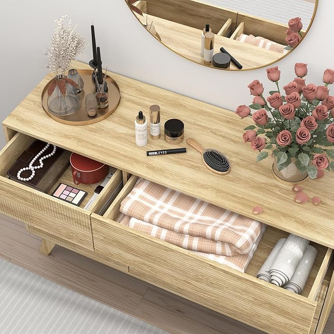 Hadulcet Wood Dressers for Bedroom 34” Tall, Large 8 Drawer Dresser TV Stand, Modern Chest of Drawers for Closet Clothes Storage Organizer with Fluted Panel, No Handles Design, Natural Oak