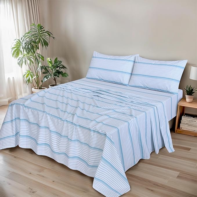 RUVANTI 100% Organic Cotton Sheets Queen Size, Percale Weave, GOTS Certified, 4-Piece Set, Deep Pocket 15", Crisp & Breathable, Soft Durable Bedding, Sábanas Algodón Orgánico – Nautical Stripes