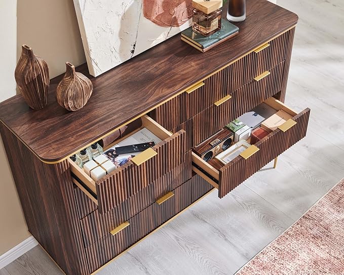 T4TREAM Fluted 9 Drawers Dresser, Modern Wooden Top Chest of Drawers with Curved Profile Design, Dresser TV Stand Drawer Organizers for Bedroom, Living Room, Hallway(Dark Walnut)