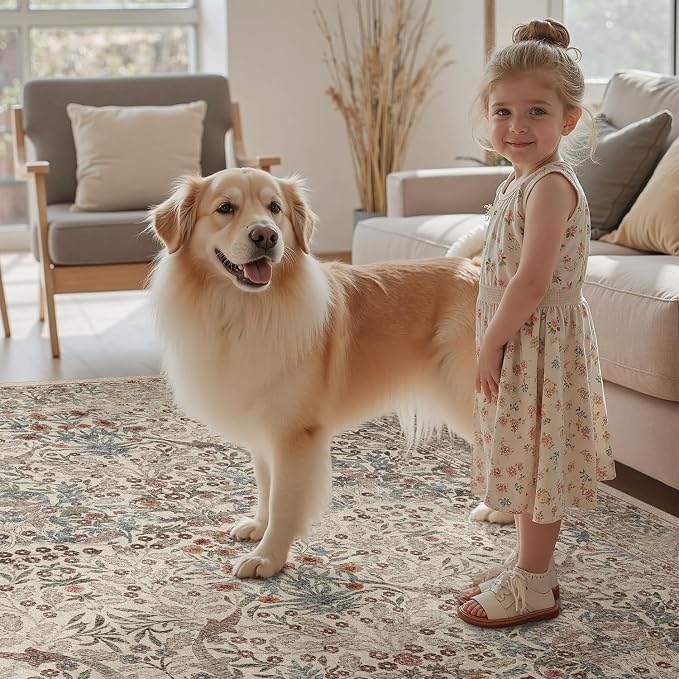DCX Beige 8x10 Area Rugs, Machine Washable Non Slip Stain Resistant Soft Vintage Floral Rug, for Living Room, Bedroom, Playroom, Soft Low Pile Large Carpet