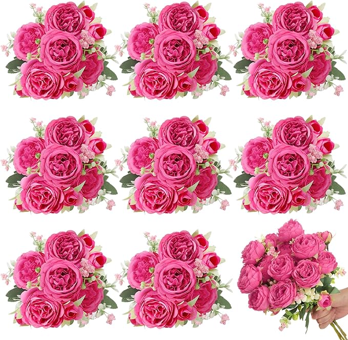 8 Pack Hot Pink Peonies Artificial Flowers, Fake Silk Hydrangea Bouquet for Bridal Wedding Home Table Decor Reusable Dining Opening Ceremony Birthday Arrangement Faux Floral