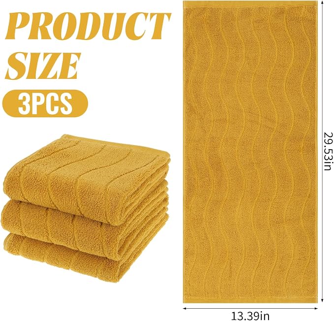 3 Pack Mustard Hand Towels Set, 100% Cotton Wavy Striped Jacquard Towels for Bathroom Kitchen 13.4 x 29.5 Inches (3 PCS Mustard)