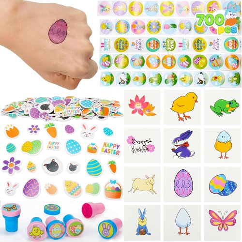 JOYIN Easter Crafts Kit - 500 Stickers, 144 Adhesive Shapes, 60 Temporary Tattoos & 6 Stampers | Over 700 Pieces for Egg Basket Stuffers