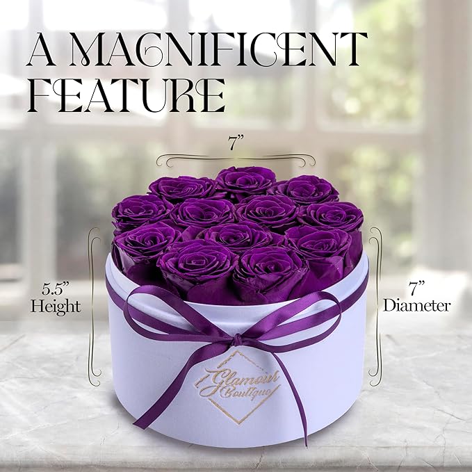 GLAMOUR BOUTIQUE Flower Forever Gift Box 12 Real Preserved Roses in Round Velvet White Box, Handmade, Rose Petals, Birthday, Marriage, Anniversary, Graduation - Purple