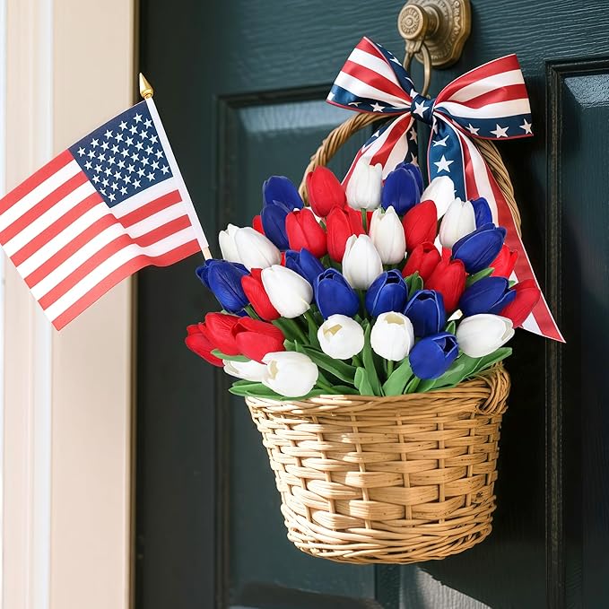 20pcs Artificial Tulips Patriotic Flowers for 4th of July Decor Fake Tulip Independence Day Slik Tulips Memorial Day Table Centerpiece Decor(Red White and Blue Flowers)