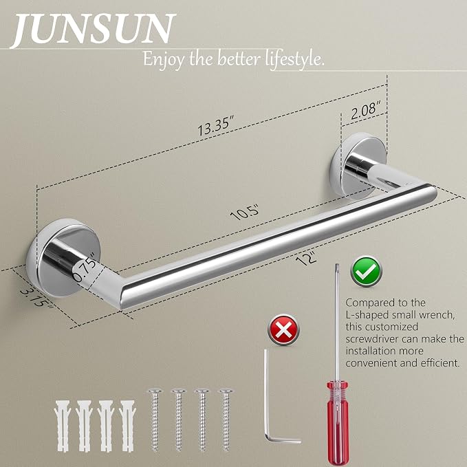 JunSun Bathroom Towel Bar 12 Inch Polished Chrome Towel Racks Wall Mount Bath Hand Towel Holder Modern Home Decor Towel Rod Bathroom Hardware Stainless Steel Towel Hangers Towel Rail Single Towel Bars