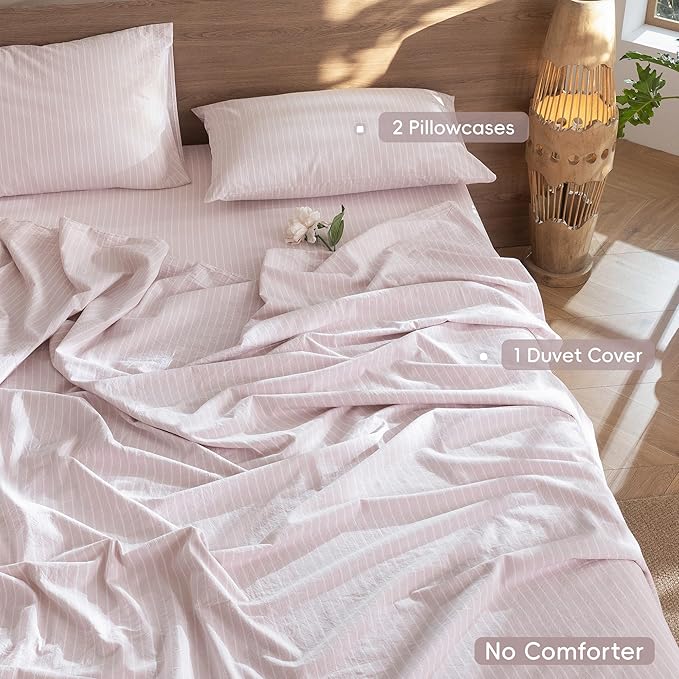 MooMee Striped Duvet Cover Set 100% Washed Cotton Linen Like Textured Breathable Durable Soft Comfy (Heathered Greyish Pink White Wide Stripes, Palatial King/Oversized King 120"x98")